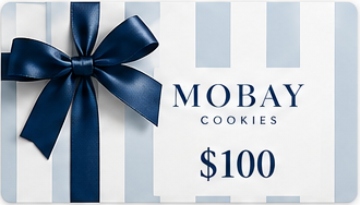 MOBAY Cookies 100 dollar gift card, blue and white stripes with navy bow