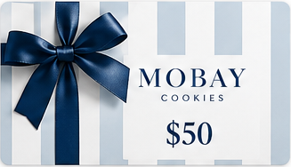 MOBAY Cookies 50 dollar gift card, blue and white stripes with navy bow