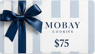 MOBAY Cookies 75 dollar gift card, blue and white stripes with navy bow